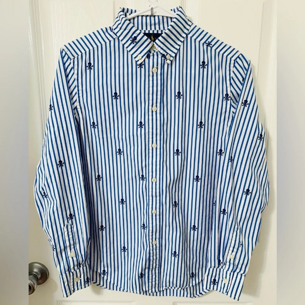 Ralph Lauren Kids White and Blue Striped Button Down Shirt
